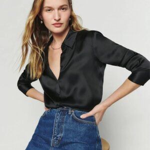 Reformation Sky Silk Button Up Top Black Size Small